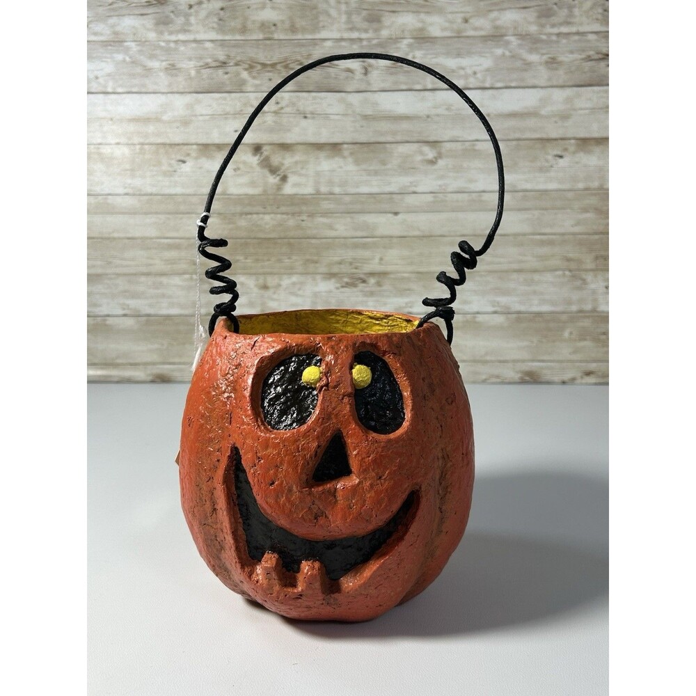 Dept 56 Halloween Paper Mache Style Jack o Lantern Pumpkin Candy Bucket Cute